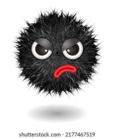 Hairy monster with black fluffy hair. Vector cute furry ball character.