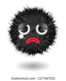 Hairy monster with black fluffy hair. Vector cute furry ball character.