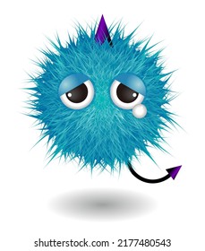 Hairy Monster With Blue Fluffy Hair. Vector Cute Furry Ball Character.