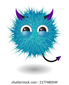 Hairy Monster With Blue Fluffy Hair. Vector Cute Furry Ball Character.