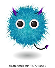 Hairy monster with blue fluffy hair. Vector cute furry ball character.