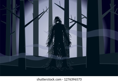 Hairy monster in dark forest vector