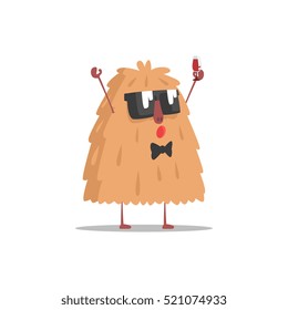 Hairy Monster In Dark Glasses Holding Glass Of Wine Partying Hard As A Guest At Glamorous Posh Party Vector Illustration