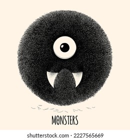 Hairy monster. Сute furry creature. Isolated cartoon horror character