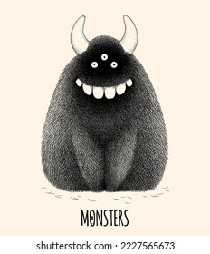 Hairy monster. Сute furry creature. Isolated cartoon horror character