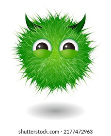 Hairy monster with green fluffy hair. Vector cute furry ball character.