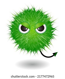 Hairy monster with green fluffy hair. Vector cute furry ball character.