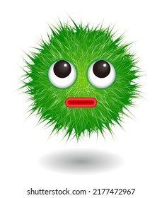 Hairy monster with green fluffy hair. Vector cute furry ball character.