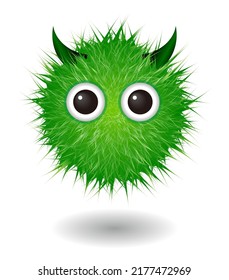 Hairy monster with green fluffy hair. Vector cute furry ball character.