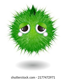 Hairy monster with green fluffy hair. Vector cute furry ball character.