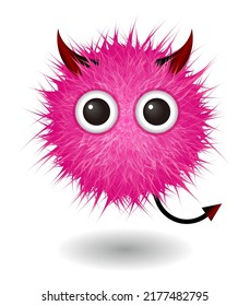 Hairy Monster With Pink Fluffy Hair. Vector Cute Furry Ball Character.