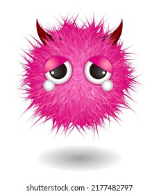 Hairy Monster With Pink Fluffy Hair. Vector Cute Furry Ball Character.