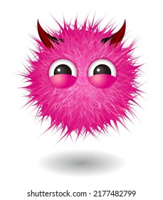 Hairy Monster With Pink Fluffy Hair. Vector Cute Furry Ball Character.