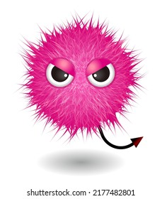 Hairy monster with pink fluffy hair. Vector cute furry ball character.