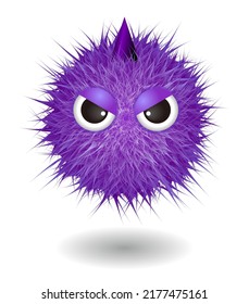 Hairy Monster With Purple Fluffy Hair. Vector Cute Furry Ball Character.