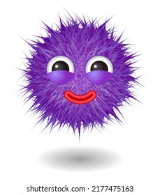 Hairy monster with purple fluffy hair. Vector cute furry ball character.