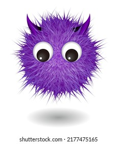 Hairy monster with purple fluffy hair. Vector cute furry ball character.