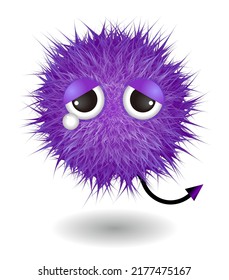 Hairy monster with purple fluffy hair. Vector cute furry ball character.