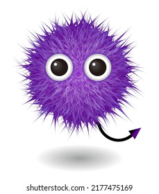 Hairy monster with purple fluffy hair. Vector cute furry ball character.