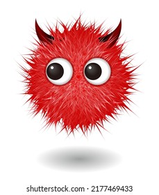 Hairy monster with red fluffy hair. Vector cute furry ball character.