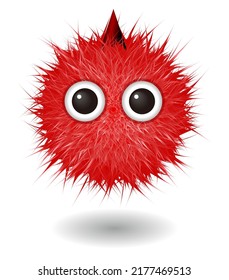 Hairy monster with red fluffy hair. Vector cute furry ball character.