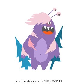 Hairy Purple Monster with Antenna Standing Between Fir Trees Vector Illustration