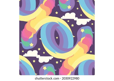 Hairy Rainbow Pattern with Clouds and Stars