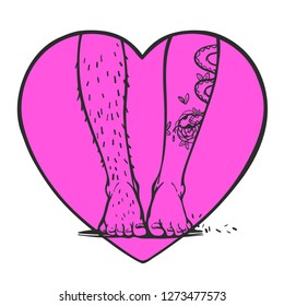 Hairy and shaved legs with a snake tattoo on the background of a pink heart