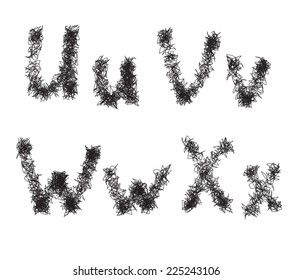Hairy sketch alphabet. letters u v w x