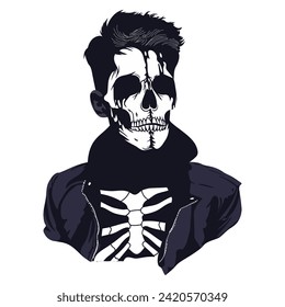 Hairy Skull with Jacket - Marrying Dark Aesthetics and Trendy Style. Flat Vector Illustration 