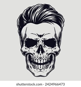 Hairy skull vintage sticker monochrome with dead man head with combed back hair for barbershop horror design vector illustration