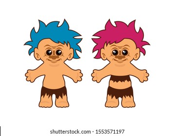 Hairy troll figures vector. Cute creatures with colored hair. Troll cartoon character isolated on white background. Couple of trolls. Two trolls vector. Pair of trolls vector. Trolls with colored hair