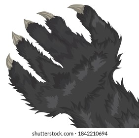 Hairy werewolf hand with dark fur and fierce claws, isolated over white background.