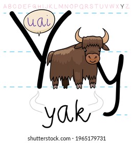 Hairy yak with big horns, teaching at you the alphabet and the pronunciation of letter 'Y'.