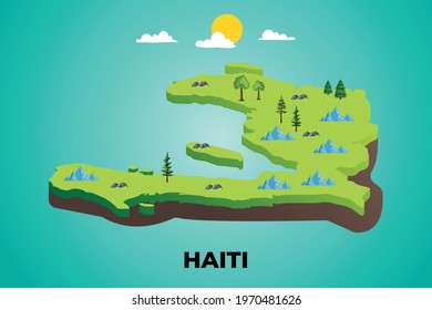 Haiti 3d isometric map with topographic details mountains, trees and soil vector illustration design