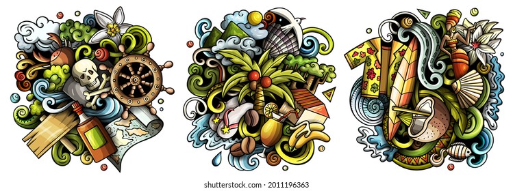 Haiti cartoon vector doodle designs set. Colorful detailed compositions with lot of Exotic islands objects and symbols. Isolated on white illustrations