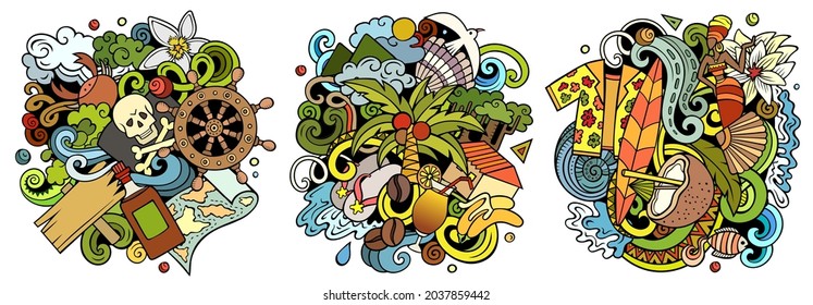 Haiti cartoon vector doodle designs set. Colorful detailed compositions with lot of Exotic islands objects and symbols. Isolated on white illustrations