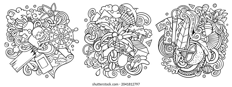 Haiti cartoon vector doodle designs set. Sketchy detailed compositions with lot of Exotic islands objects and symbols. Isolated on white illustrations