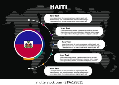 Haiti circle infographic with information text spaces, black background with world map, Haiti circle country flag, presentation graphic idea, info and data template for countries