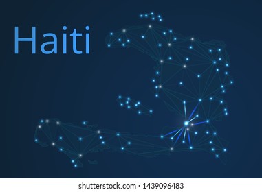 Haiti communication network map. Vector low poly image of a global map with lights in the form of cities in or population density consisting of points and shapes in the form of stars and space.