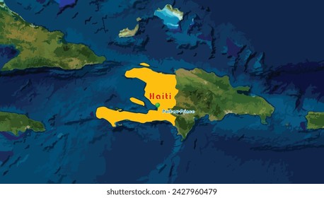 Haiti country map and Port-au-Prince, its capital city on the world background. First independent nation of Latin America and the Caribbean. Its name is the land of the mountains. 2 official languages