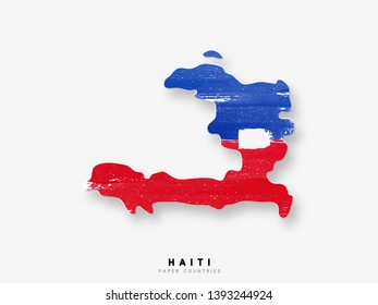 Haiti detailed map with flag of country. Painted in watercolor paint colors in the national flag.