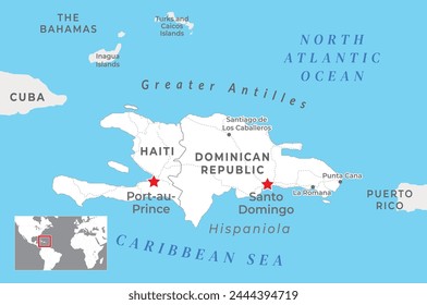 Haiti and Dominican Republic Political Map with capitals and national borders