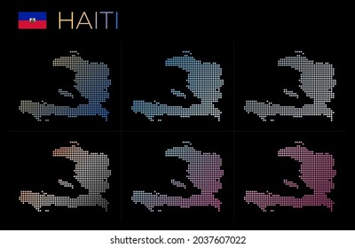 Haitis gepunkteter Kartensatz. Karte von Haiti im gepunkteten Stil. Grenzen des Landes gefüllt mit schönen glatten Gradientenzirkeln. Schöne Vektorgrafik.