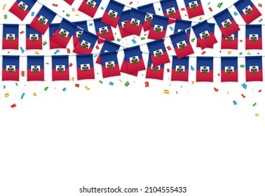 Haiti flag garland white background with confetti, Hang bunting for Haiti independence day celebration template banner, Vector illustration