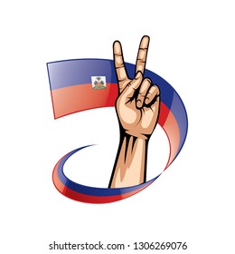 Haiti flag and hand on white background. Vector illustration