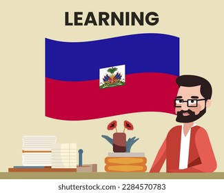 Haiti flag with a male teacher, learning or teaching Haiti language, bearded man with glasses and country flag vector design, language school concept