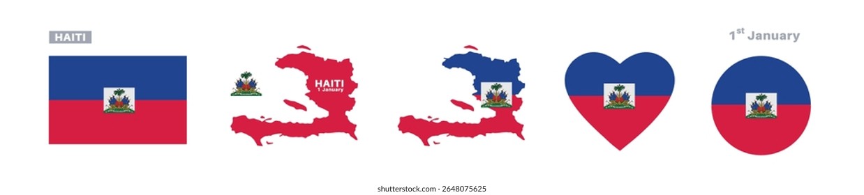 haiti flag and map set. haiti flag in official colors and proportions. independence day 1 january, map, circle and heart shaped haiti	