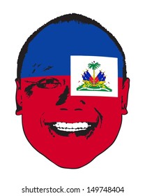 A Haiti flag on a face, isolated against white. 