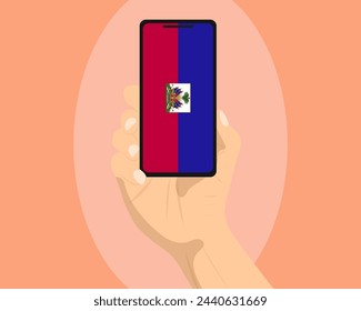 Haiti flag on mobile phone screen, holding smartphone, advertising social media or banner concept, Haiti flag showing on phone screen, technology news idea